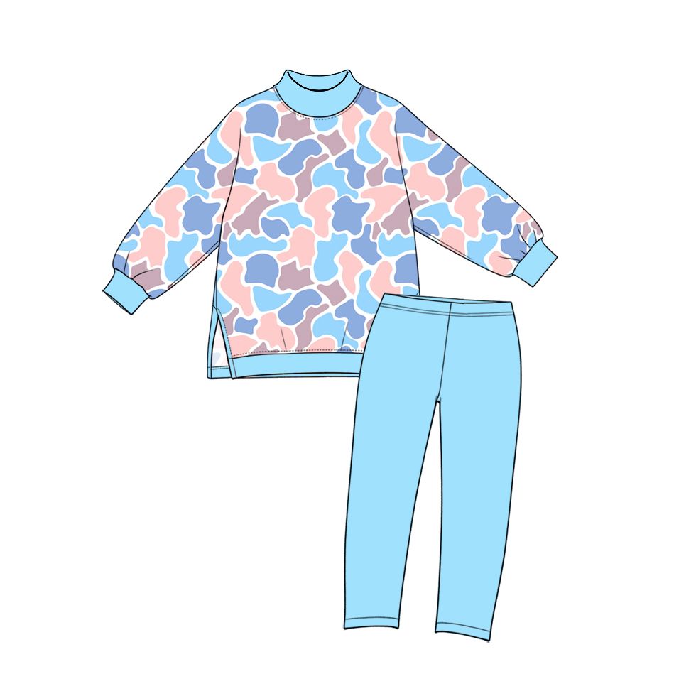 ( Moq 5 ) Preorder Baby Girls Toddler Long Sleeves Camo Shirt Blue Leggings Yoga Active Set Mock Neck Clothes