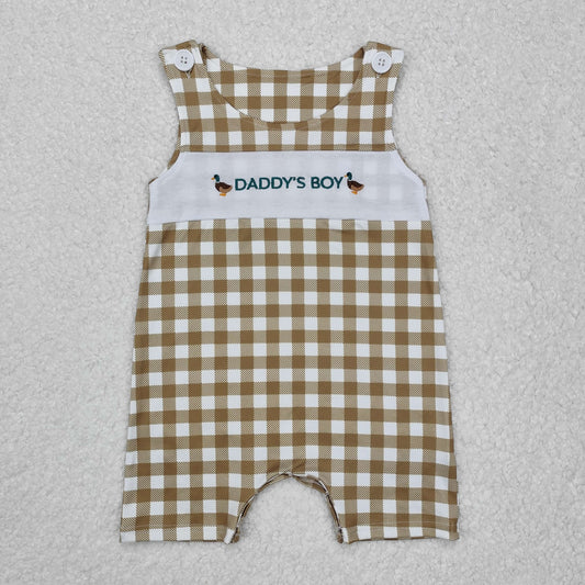 Baby Infant Embroidery Daddy's Boy Ducks Plaid Buttons Romper