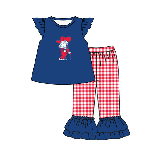 Baby Girl Short Sleeves Old Man Team Shirt Checked Ruffle Pants Clothes Set ( moq 5