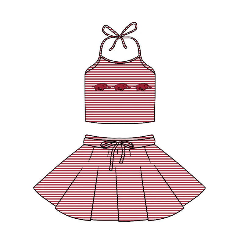 ( Moq 5 ) Baby Girls Kids Halter Pigs Shirt Red Stripes Shorts Skirt Team Clothes Set