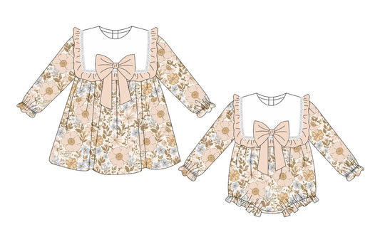 ( Moq 5 Each Style ) Sibling Baby Girls Kids Long Sleeves Flower Bows Romper Dress Set Clothes