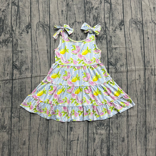 ( No moq ) Preorder Baby Girls Kids Straps Fruits Blue Stripes Ruffle Knee Length Dress