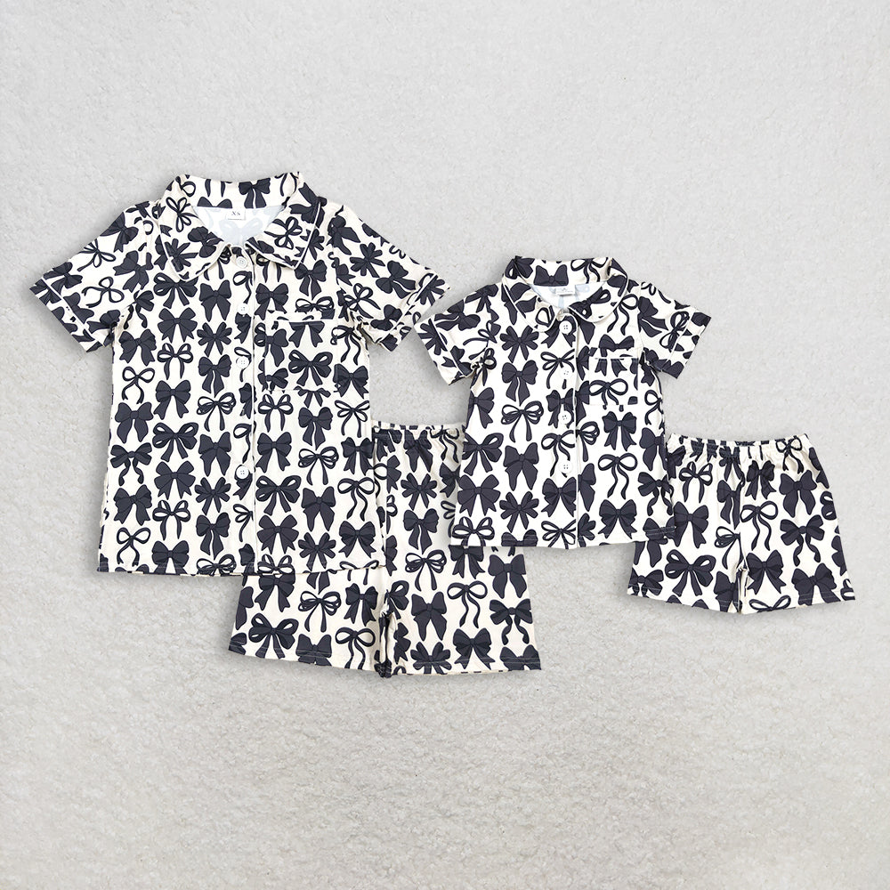 Sibling Baby Girls Adult Women Black Bows Buttons Shirt Shorts Mommy and Me Pajamas Sets RTS