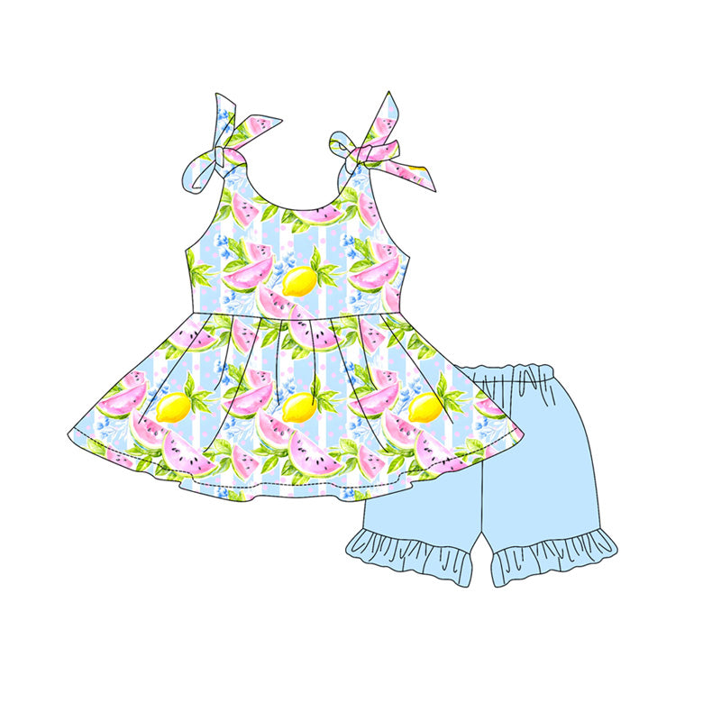 ( Moq 5 ) Preorder Baby Girls Kids Straps Fruits Stripes Tunic Blue Ruffle Shorts Set Summer Clothes