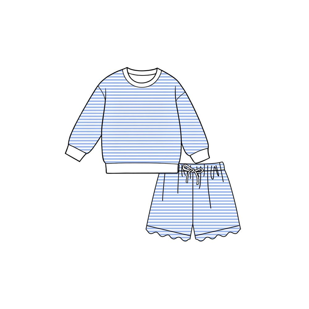 ( Moq 5 ) Preorder Baby Girls Kids Long Sleeves Blue Stripes Shirt Scallop Shorts Set Yoga Active Clothes