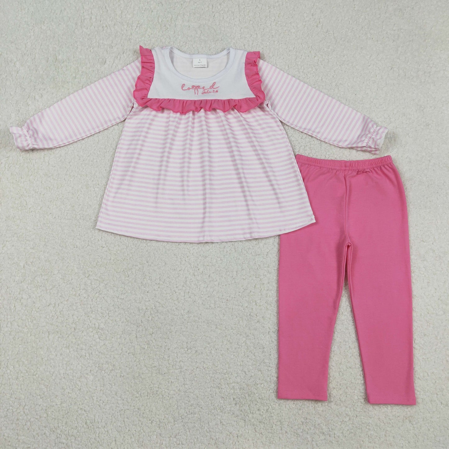 Baby Girls Kids Long Sleeves Embroidery Bows Stripes Tunic Pink Pants Valentine's Day Set RTS