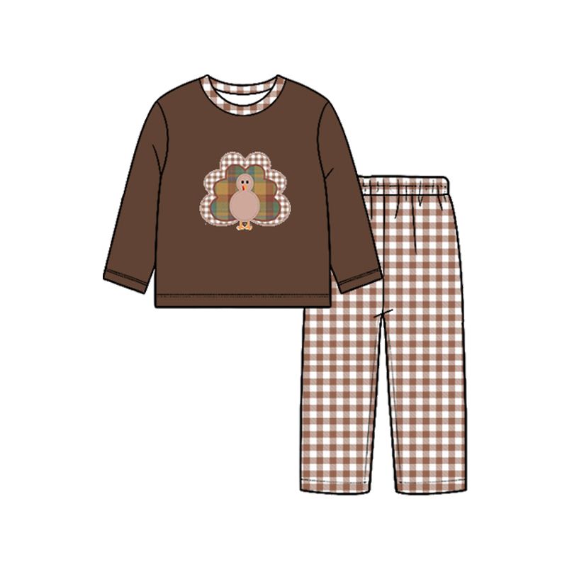 ( Moq 5 ) Preorder Baby Boy Kids turkey Shirt Plaid Pants Thanksgiving Fall Set Clothes