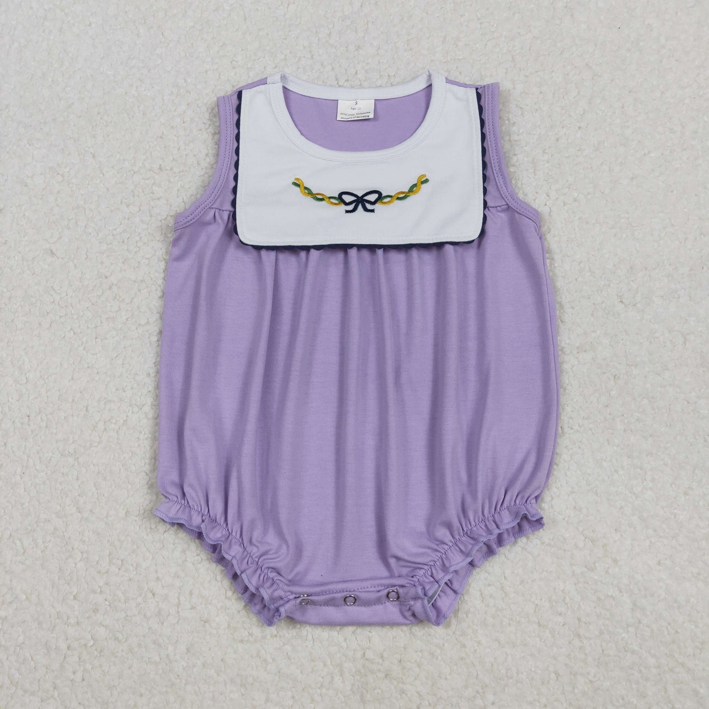 Girls Infant Sleeveless Embroidery Mardi Gras Bow Purple Bubble Romper RTS