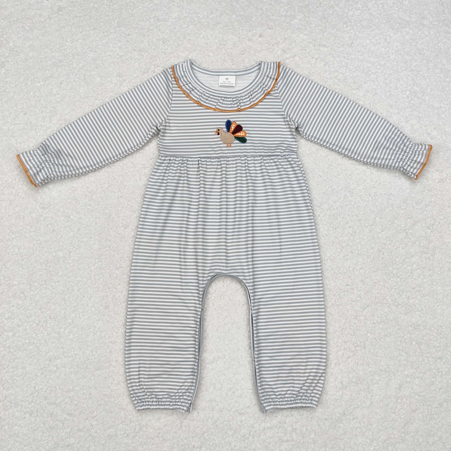 Baby Girl Thanksgiving Stripes Embroidery turkey Romper