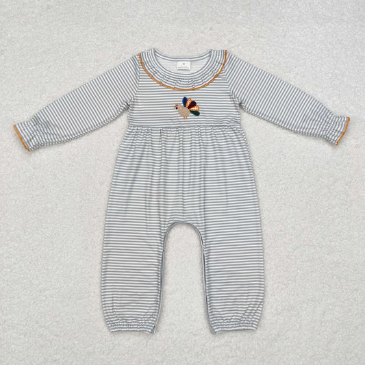 Baby Girl Thanksgiving Stripes Embroidery turkey Romper