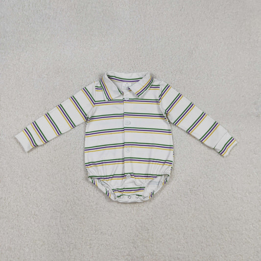 Baby Boys Infant Long Sleeves Stripes Mardi Gras Buttons Romper RTS