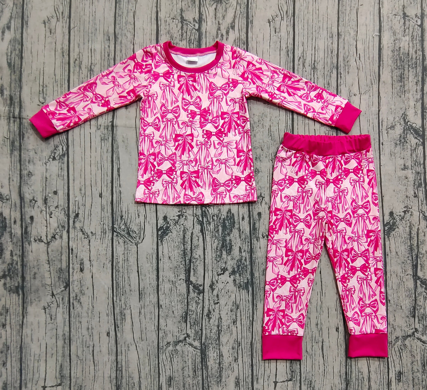 Baby Girl Long Sleeves Pink Bows Shirt Pants Pajamas Set RTS