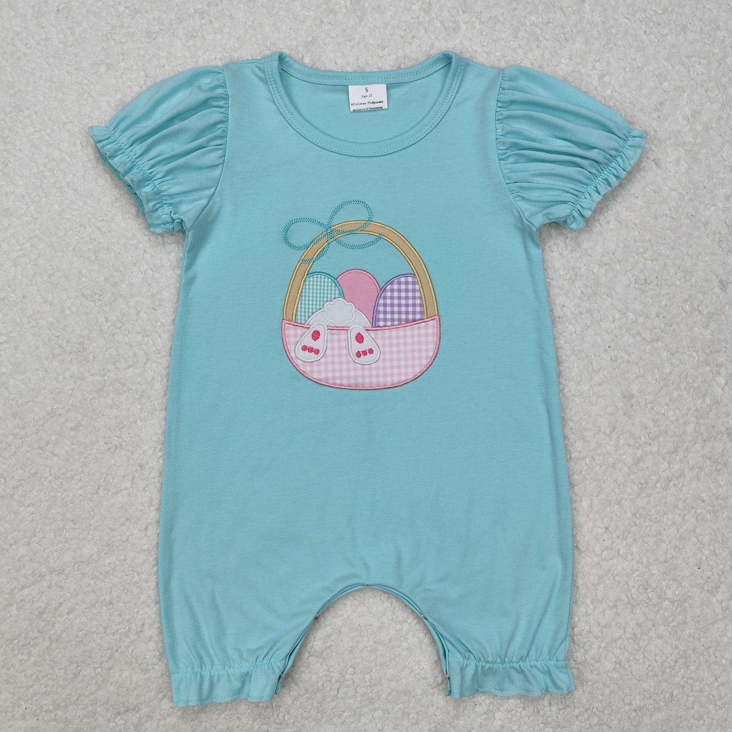 RTS Baby Boy Infant Short Sleeves Embroidery Easter Eggs Basket Green Romper
