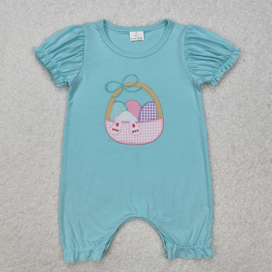 RTS Baby Girl Infant Short Sleeves Embroidery Easter Eggs Basket Green Romper