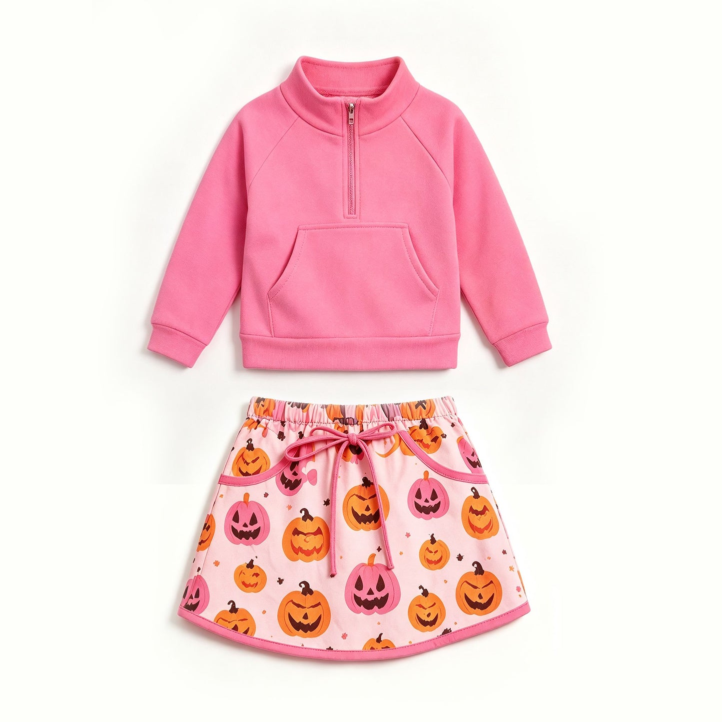 ( Moq 5 ) Preorder Baby Girls Kids Zipper Pink Shirt Pumpkins Pockets Skirt Shorts Halloween Set Yoga Active Clothes