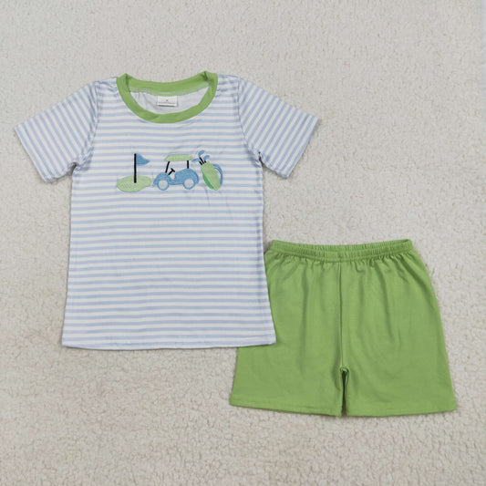 Baby Boy Short Sleeves Stripes Embroidery Golf Shirt Green Shorts Set RTS
