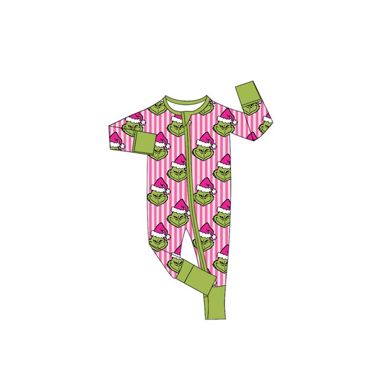 ( No moq ) Preorder Baby Girls Kids Long Sleeves Christmas Green Face Stripes Zipper Footie Sleeper Romper