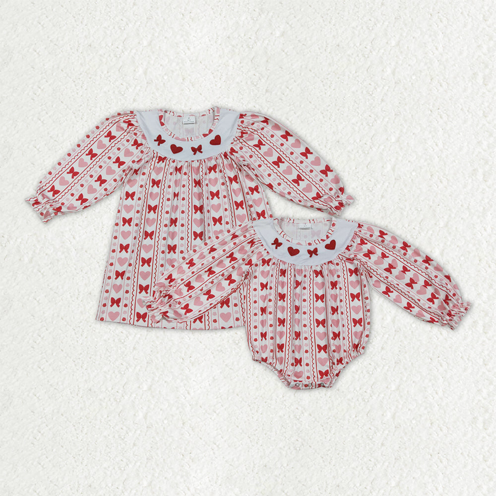Sibling Baby Girl Long Sleeves Embroidery Red Hearts Bows Valentine's Day Romper Dress RTS