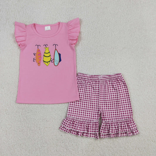 Baby Girls Short Sleeves Embroidery Fishing Shirt Plaid Ruffle Shorts Clothes Set RTS