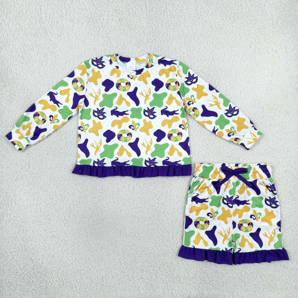 Baby Girls Kids Long Sleeves Donuts Camo Shirt Pockets Shorts Set Mardi Gras Clothes