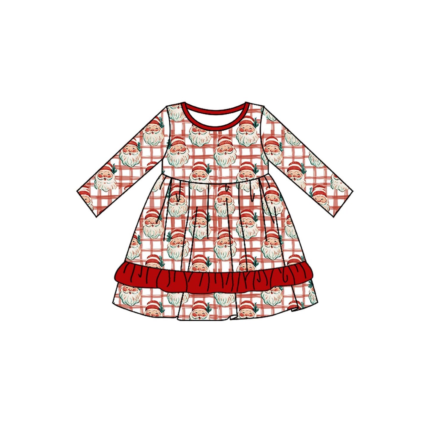 ( Moq 5 ) Preorder Baby Girls Kids Christmas Santa Plaid Knee Length Ruffle Dress Clothes