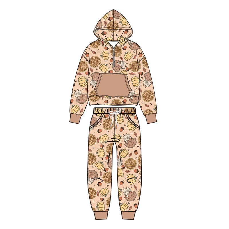 ( Moq 5 ) Preorder Baby Boys Kids turkey Pumpkins Hoodie Hoodie Zip Shirt Pockets Pants Fall Set Clothes
