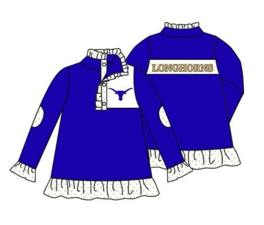 Baby Girl Blue Long Sleeves Cow Team Ruffle Shirt ( Moq5 )