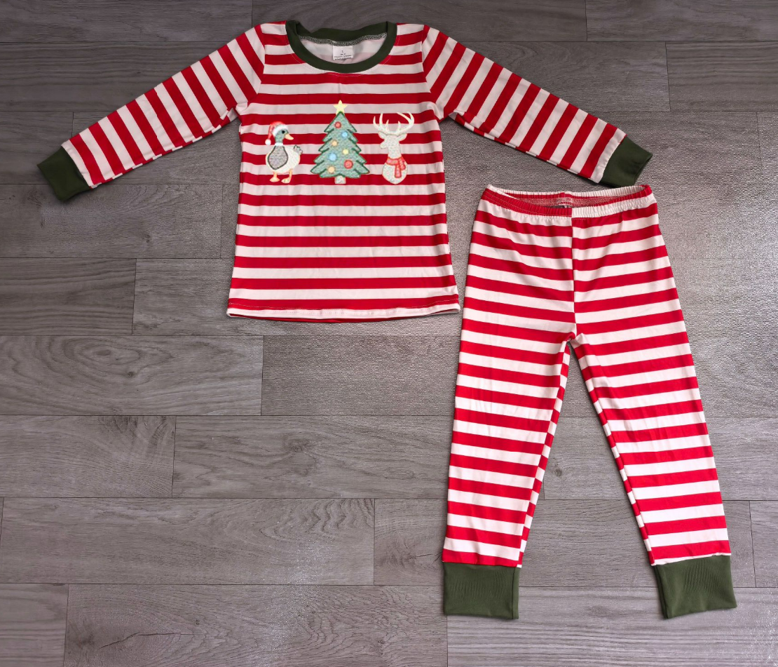 ( No moq ) Preorder Baby Boy Kids Embroidery Deer Duck Shirt Red Stripes Pants Set Christmas Pajamas Clothes