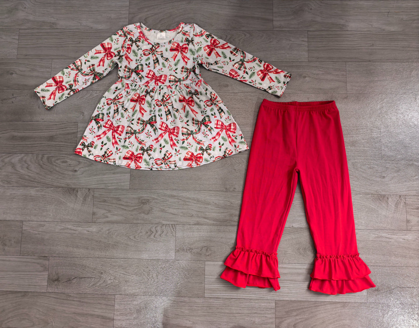 ( No moq ) Preorder Baby Girls Kids Long Sleeves Bows Christmas Shirt Red Pants Set Clothes