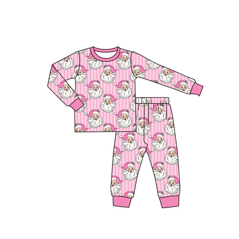 ( Moq 5 ) Preorder Baby Girls Kids Christmas Santa Pink Stripes Shirt Pants Set Pajamas Clothes