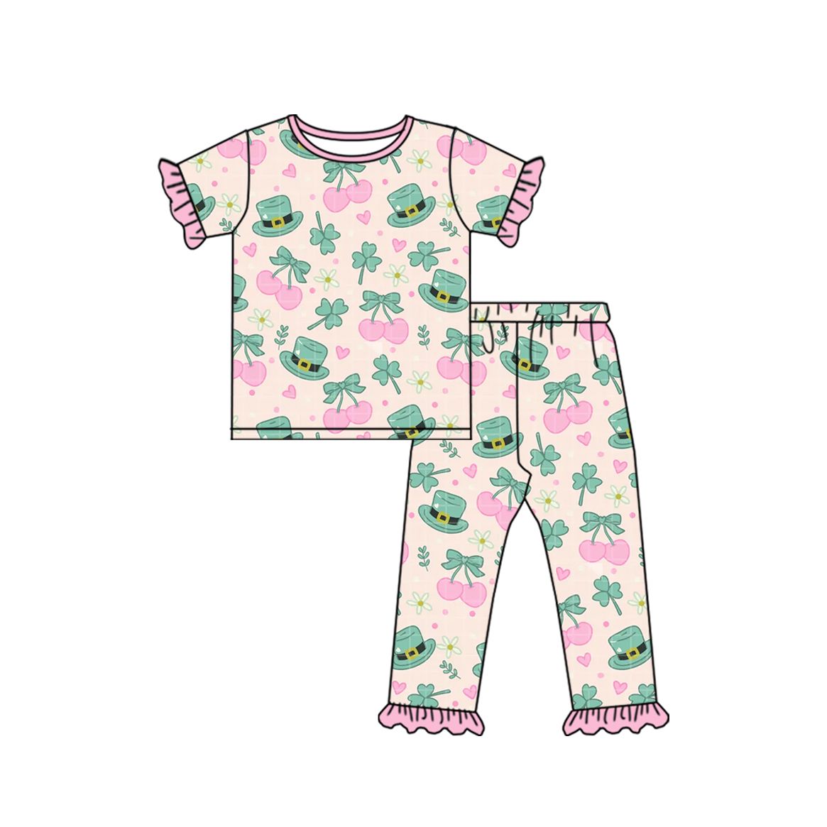 ( Moq 5 ) Preorder Baby Girls Kids Short Sleeves Clover Bows Shirt Pants St Patrick Set Pajamas Clothes
