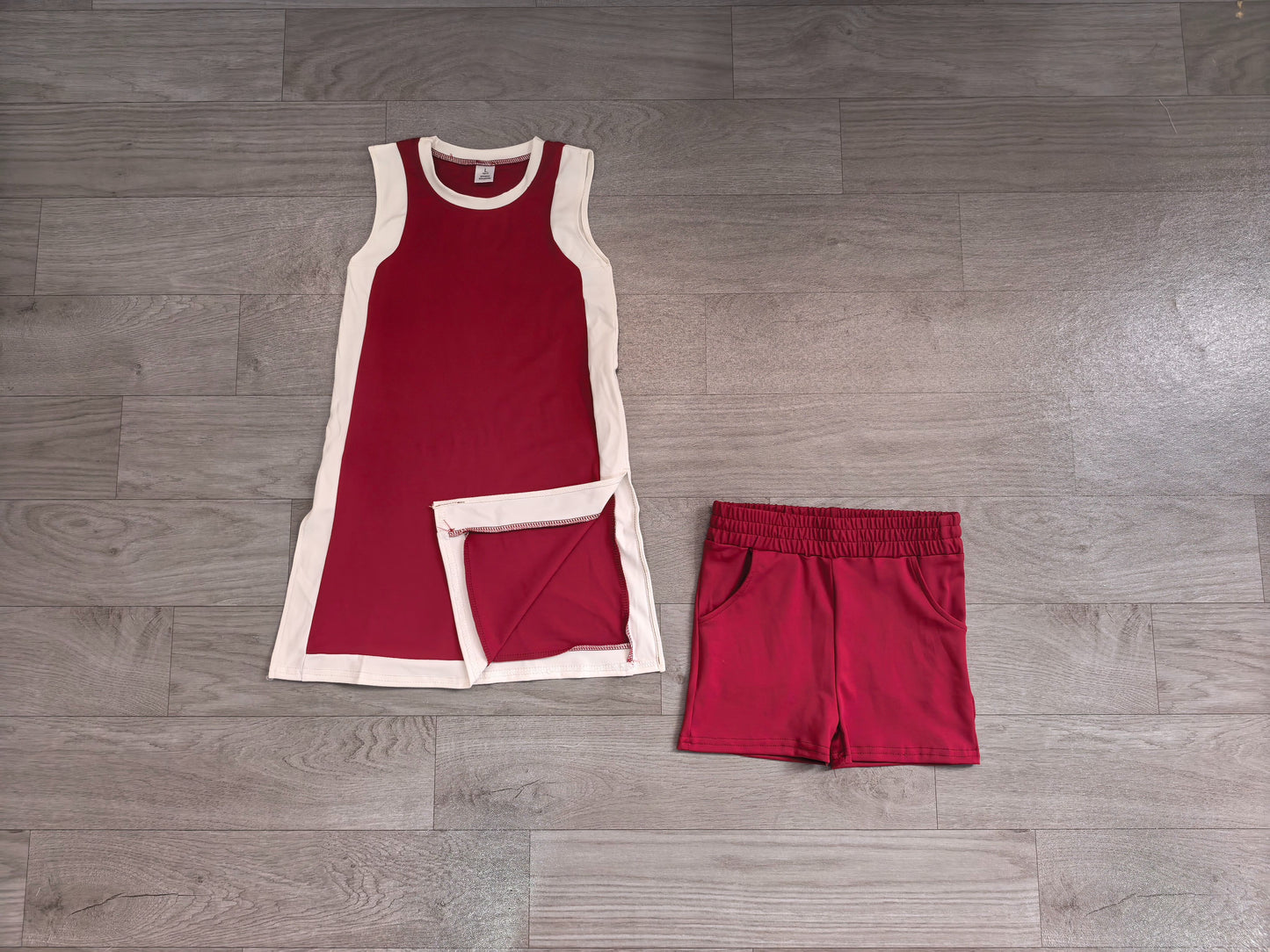 ( No moq ) Preorder Baby Girls Kids Sleeveless Tops Dark Red Pockets Shorts Set Yoga Clothes