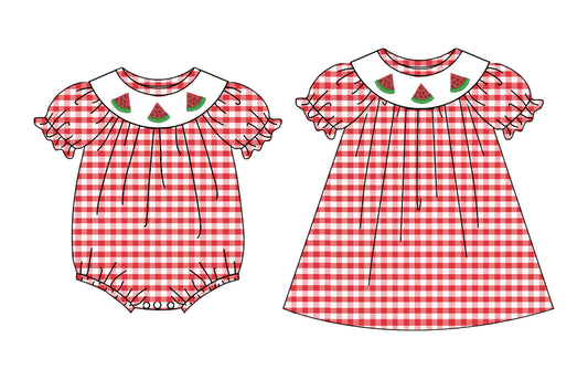 ( Moq 5 Each Style ) Sibling Baby Girls Kids Short Sleeves Watermelon Plaid Romper Dress