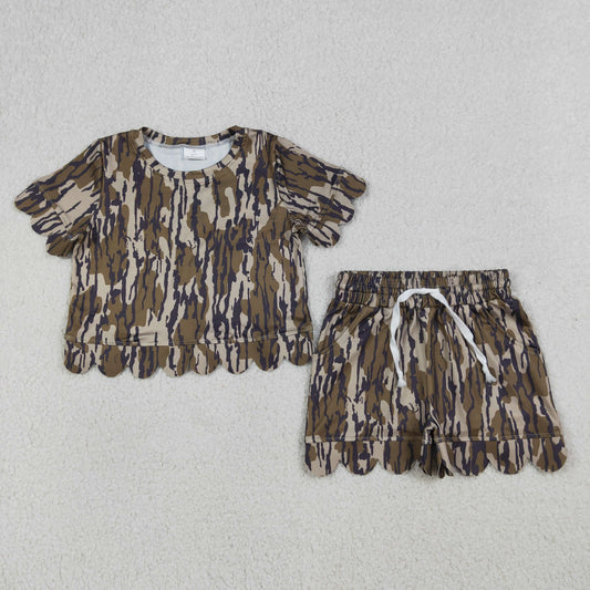 Baby Girls Short Sleeves Scallop Shirt Camo Shorts Summer Clothes Set RTS