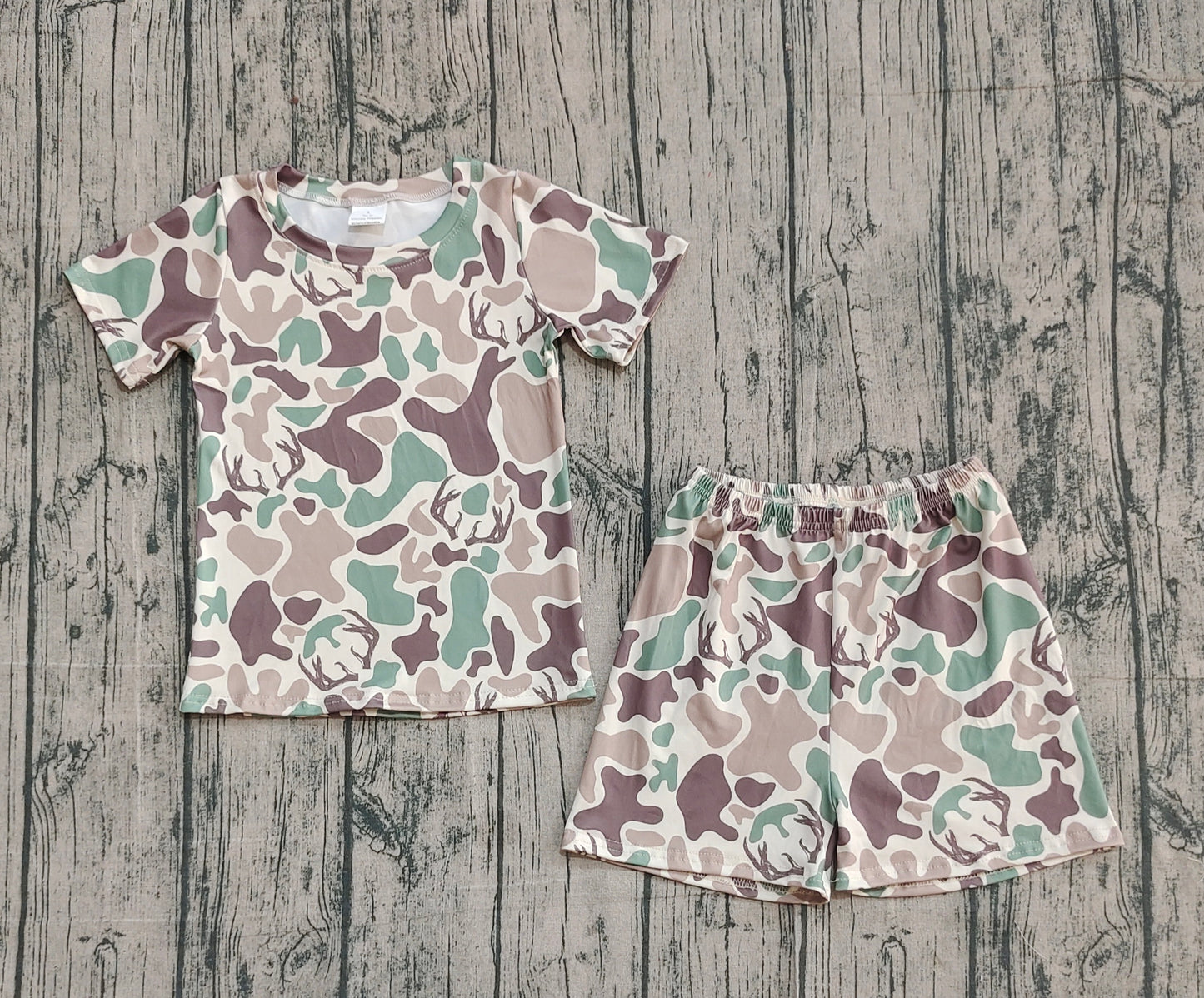 Toddler Kids Short Sleeves Deer Camo Shirt Shorts Hunting Pajamas Set RTS