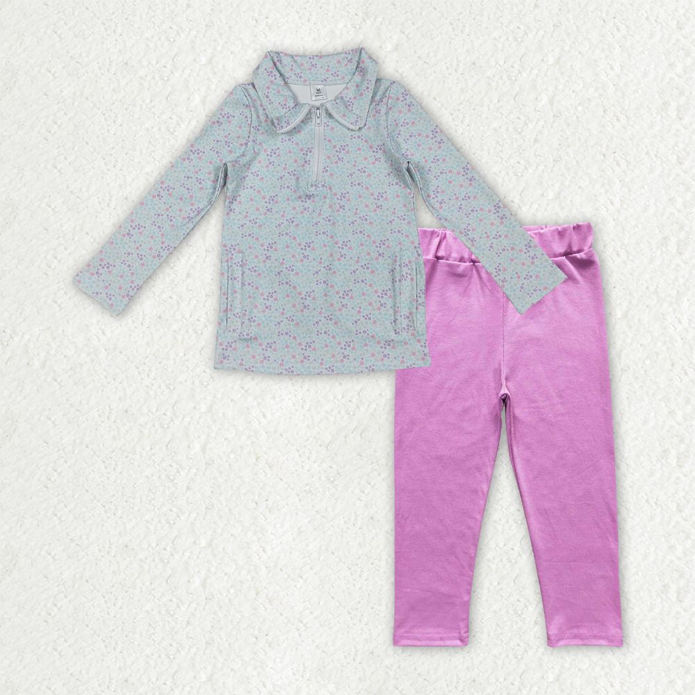 Baby Girls Kids Long Sleeves Zipper Pocket Yoga Flower Shirt Cotton Pants Clothes Set RTS