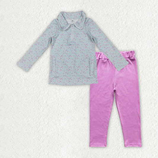 Baby Girls Kids Long Sleeves Zipper Pocket Yoga Flower Shirt Cotton Pants Clothes Set RTS