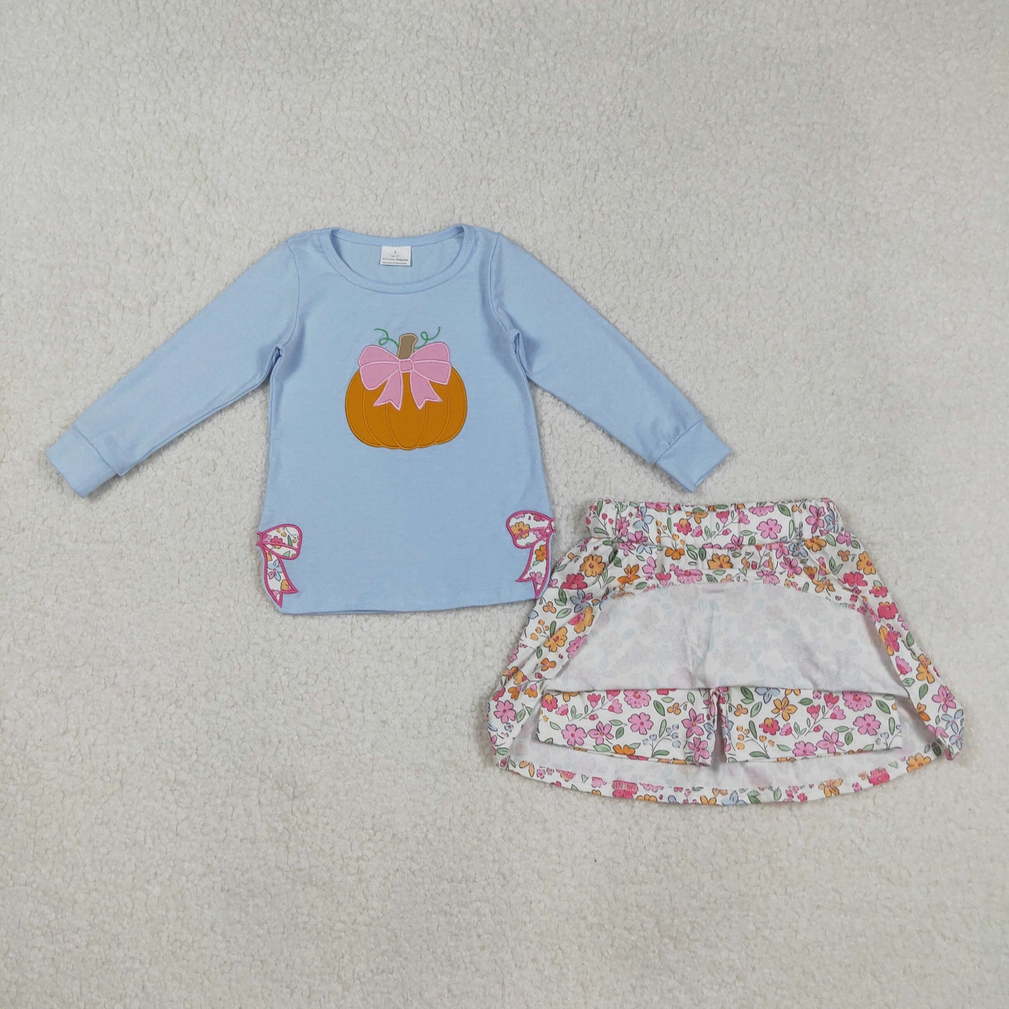 Baby Girl Blue Long Sleeves Embroidery Pumpkin Bows Shirt Floral Skort Fall Set RTS