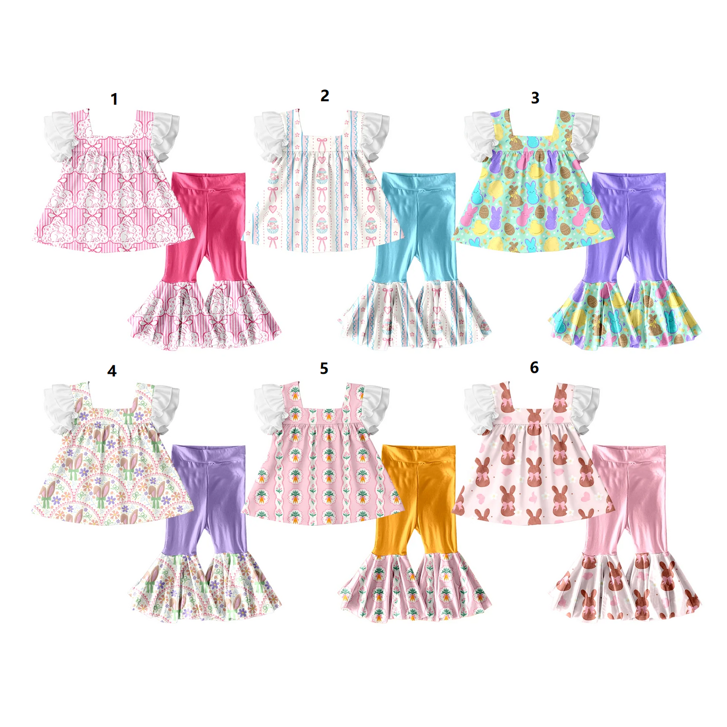 ( Moq 5 Each Style ) Sibling Baby Girls Short Sleeves Rabbits Eggs Carrots Easter Tops Bell Pants Sets