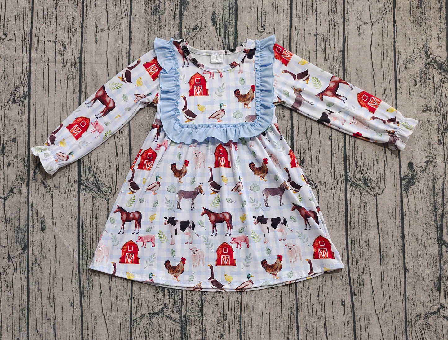 Preorder Baby Girl Long Sleeves Farm Animals Blue Ruffle Knee Length Dress( No moq )