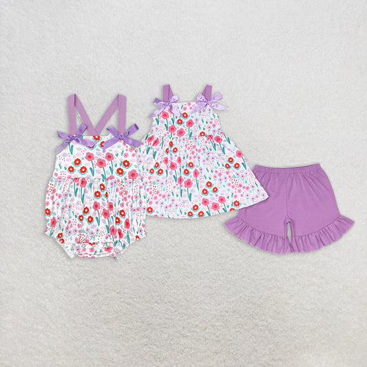 Baby Girl Sleeveless Flower Bows Sibling Purple Romper Set Clothes RTS