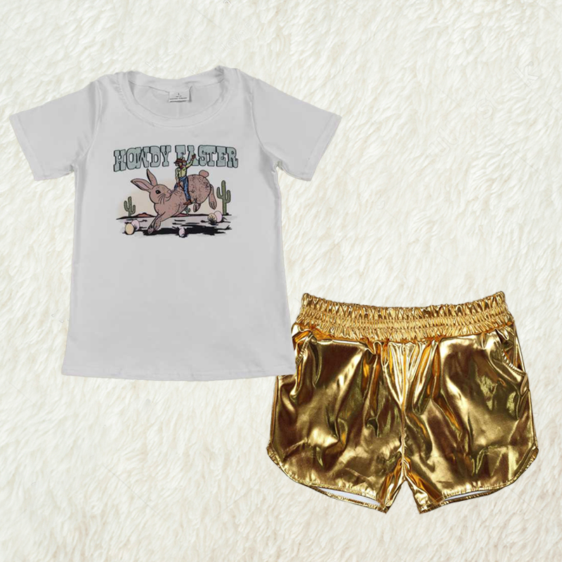 Baby Girl Short Sleeves Howdy Rabbit Shirt Yellow Leather Shorts Easter Set RTS