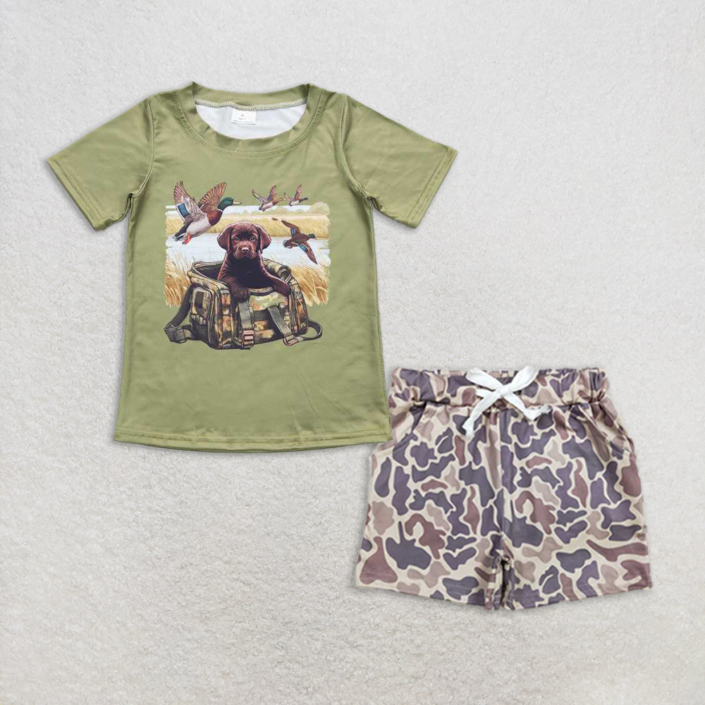 Baby Boy Short Sleeves Dog Ducks Green Hunting Shirt Camo Pockets Shorts Set RTS