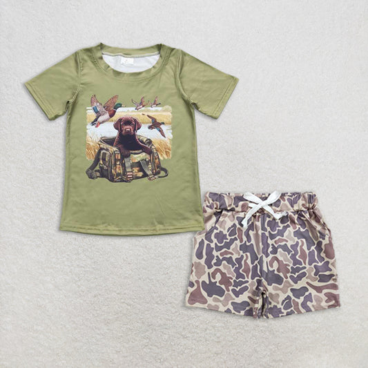 Baby Boy Short Sleeves Dog Ducks Green Hunting Shirt Camo Pockets Shorts Set RTS