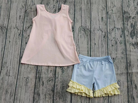 ( Moq 5 ) Baby Girl Sleeveless Cotton Bow Tunic Pink Ruffle Shorts Summer Set