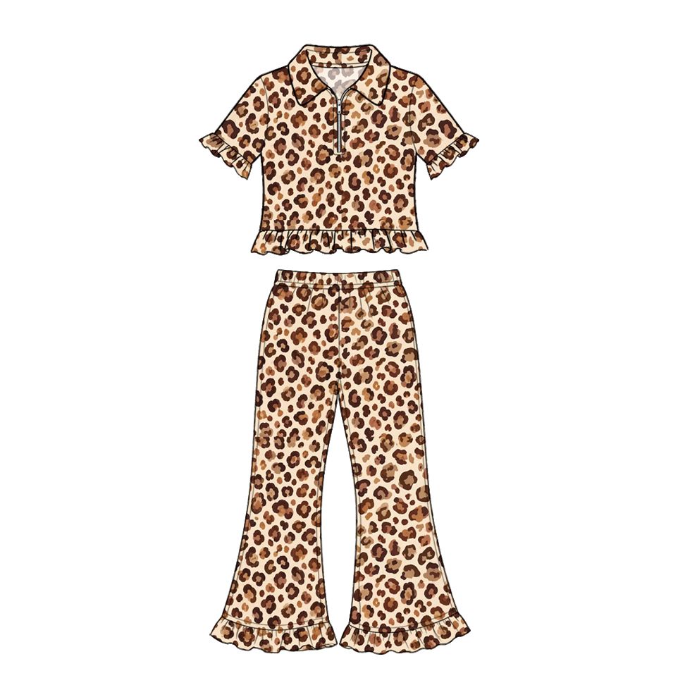 ( Moq 5 ) Preorder Baby Girls Kids Short Sleeves Leopard Zipper Tops Pants Set Clothes