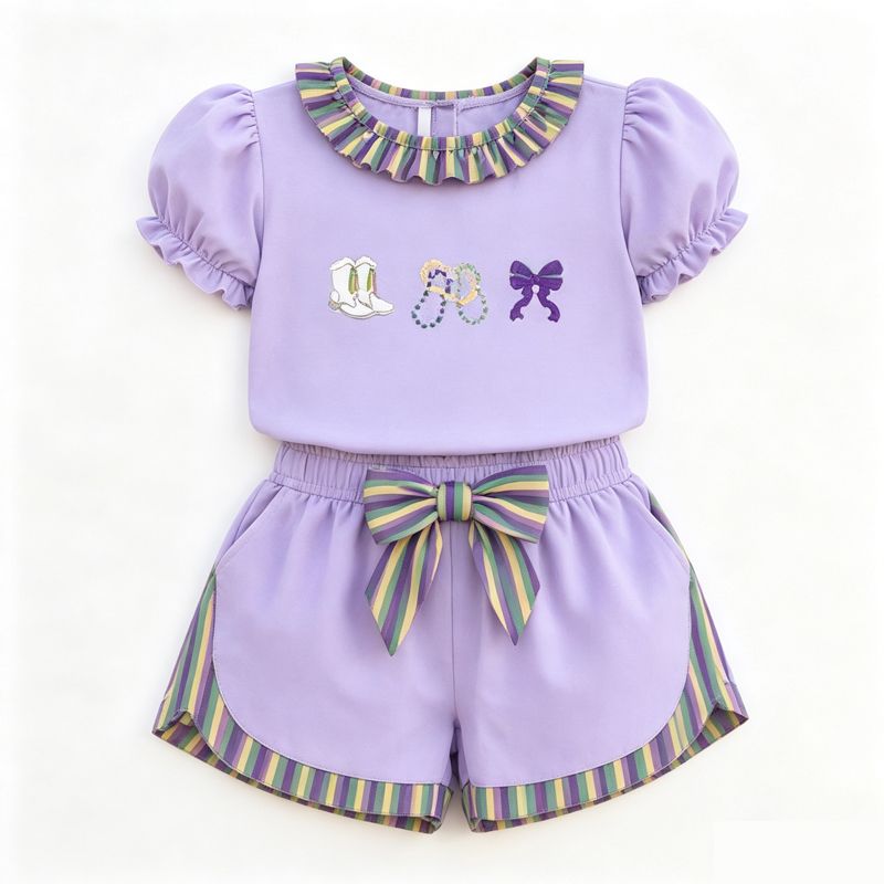 ( Moq 5 ) Preorder Baby Girls Kids Boots Bows Shirt Pockets Shorts Mardi Gras Purple Set