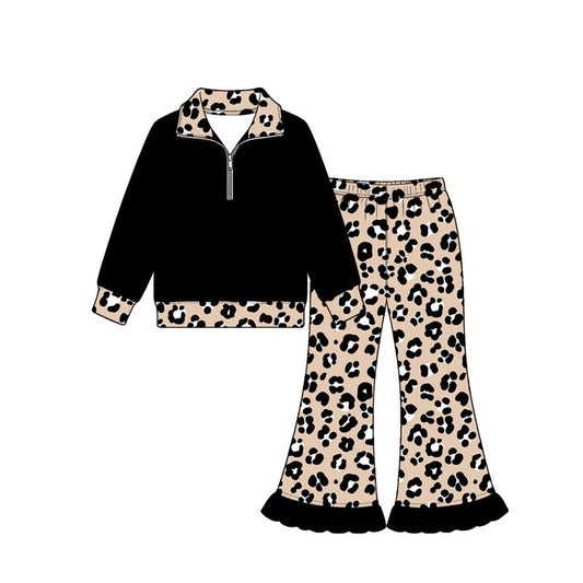 ( Moq 5 ) Preorder Baby Girls Kids Long Sleeves Zipper Black Shirt Leopard Ruffle Pants Set Clothes