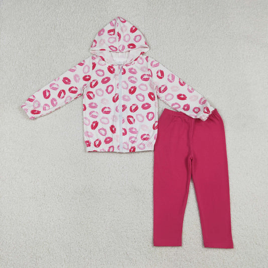 Baby Girls Long Sleeves Mouths Zipper Hoodie Tops Pink Leggings Pants Valentine Clothes Set RTS
