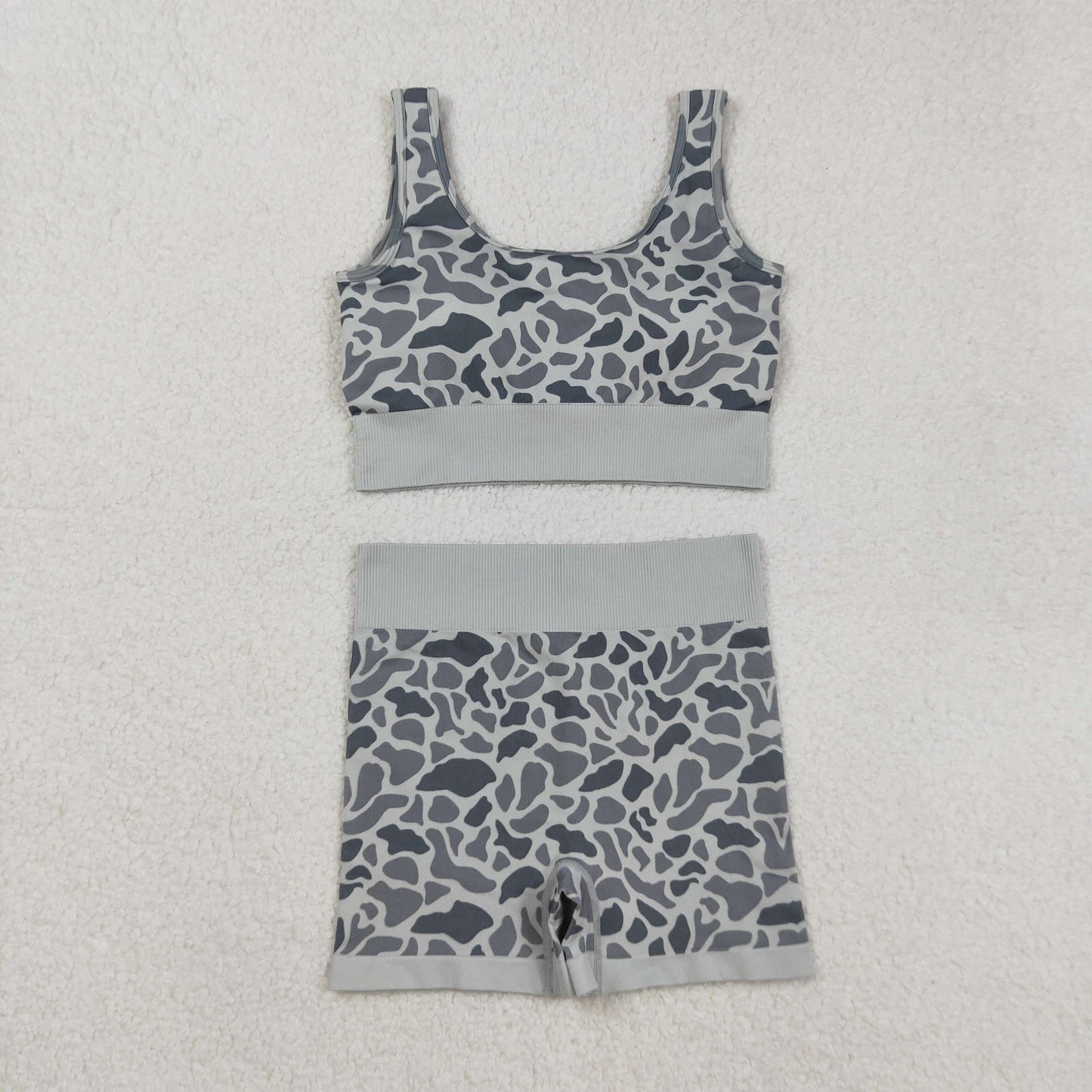 Adult Woman Sleeveless Grey Camo Tank Tops Shorts Knitted Yoga Set RTS